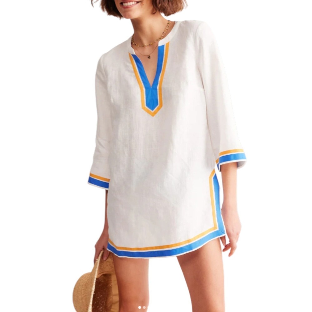 Boden‎ Linen Neck Detail Tunic Top Womens Small (READ) Relaxed Resort Vacation